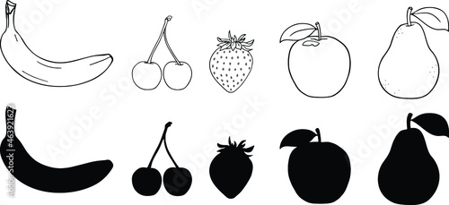 Hand drawn Fruit Drawing Clipart Set - Outline and Silhouette