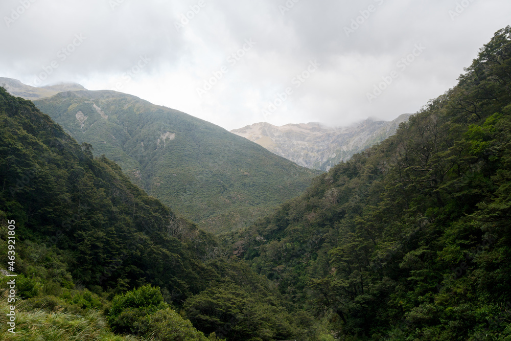 View from Devils Punchbowl Waterfall at the Arthur's Pass National Park. (New Zealand)