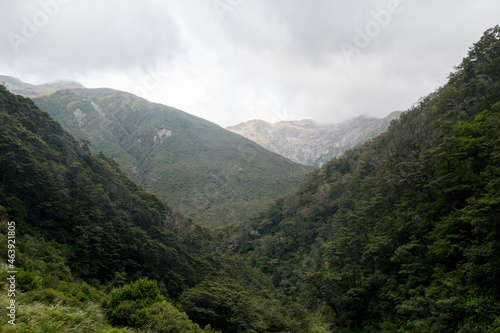 View from Devils Punchbowl Waterfall at the Arthur's Pass National Park. (New Zealand)