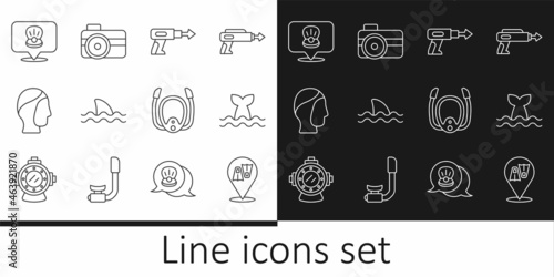 Set line Flippers for swimming, Whale tail, Fishing harpoon, Shark, Diving hood, Scallop sea shell, mask with snorkel and Photo camera diver icon. Vector