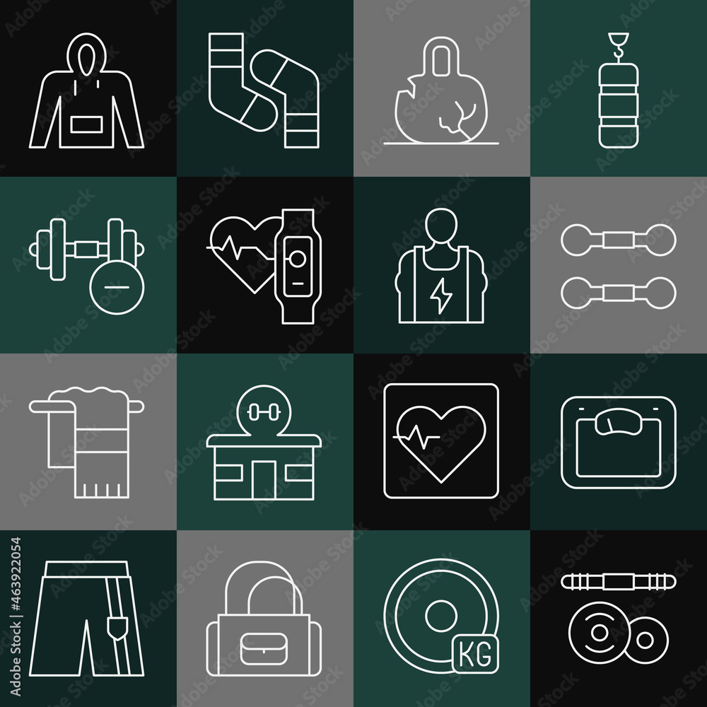 Set line Barbell, Bathroom scales, Dumbbell, Broken weight, Smart watch with heart, Hoodie and Bodybuilder icon. Vector Set line Barbell, Bathroom scales, Dumbbell, Broken weight, Smart watch with heart, Hoodie and Bodybuilder icon. Vector
