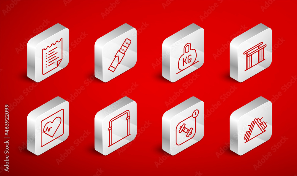 Set line Metal rack with weight, Protein sport bar, Weight, Uneven bars, Fitness app, Sport training program, horizontal and Heart rate icon. Vector Set line Metal rack with weight, Protein sport bar, Weight, Uneven bars, Fitness app, Sport training program, horizontal and Heart rate icon. Vector