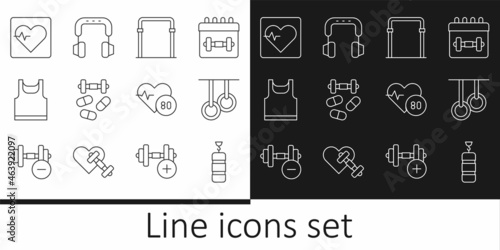 Set line Punching bag, Gymnastic rings, Sport horizontal bar, Sports doping with dumbbell, Sleeveless t-shirt, Heart rate, and Headphones icon. Vector