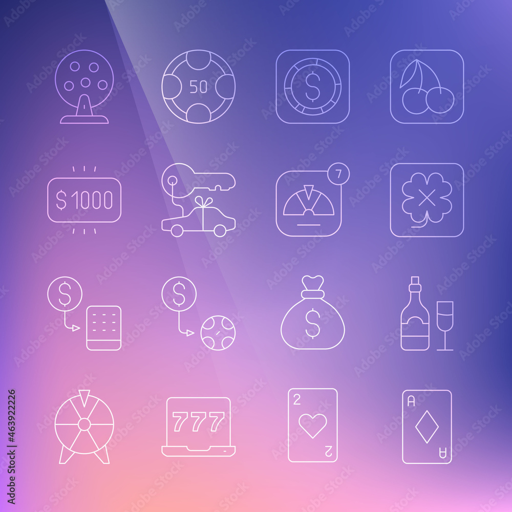 Set line Playing card with diamonds, Champagne bottle glass, Casino slot machine, Coin money dollar, Car gift, Money prize casino, Lottery and Lucky wheel icon. Vector Set line Playing card with diamonds, Champagne bottle glass, Casino slot machine, Coin money dollar, Car gift, Money prize casino, Lottery and Lucky wheel icon. Vector