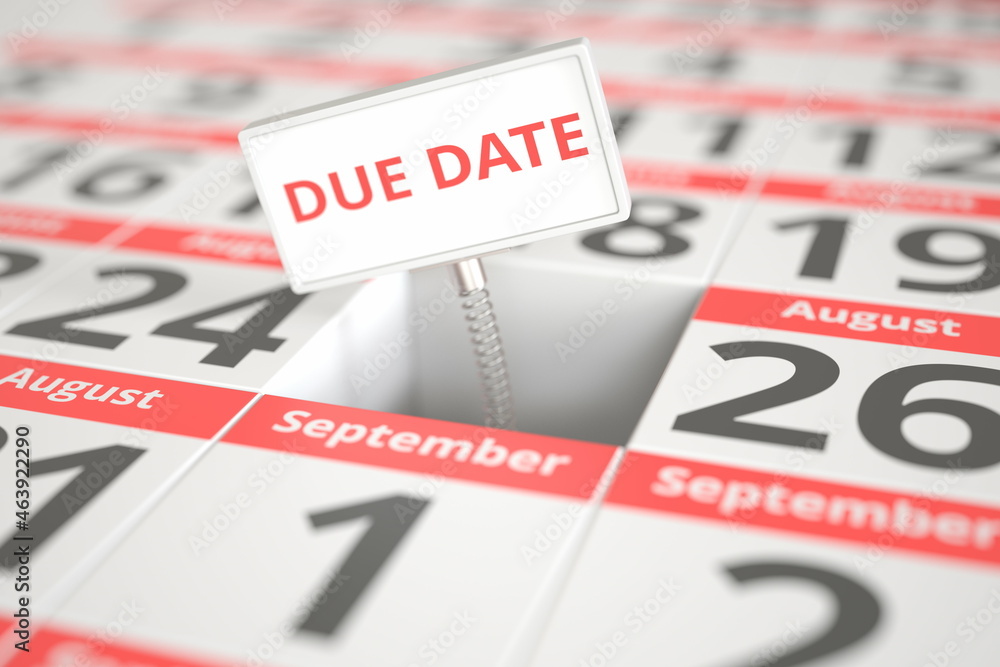 DUE DATE sign on August 25 in a calendar, 3d rendering DUE DATE sign on August 25 in a calendar, 3d rendering