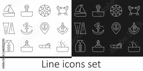 Set line Shark fin in ocean wave, Anchor, Wind rose, Flippers for swimming, Yacht sailboat, Location with anchor and Periscope icon. Vector