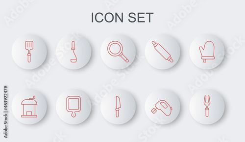 Set line Barbecue fork, Manual coffee grinder, Frying pan, Electric mixer, spatula, Kitchen ladle, Cutting board and Knife icon. Vector