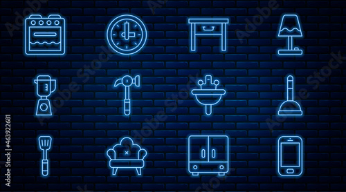 Set line Mobile phone, Rubber plunger, Furniture nightstand, Hammer, Blender, Oven, Washbasin and Clock icon. Vector