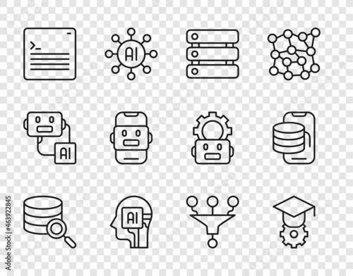 Set line Server, Graduation cap, Data, Humanoid robot, Web developer programming code, Chat, Funnel or filter and Cloud technology data transfer icon. Vector