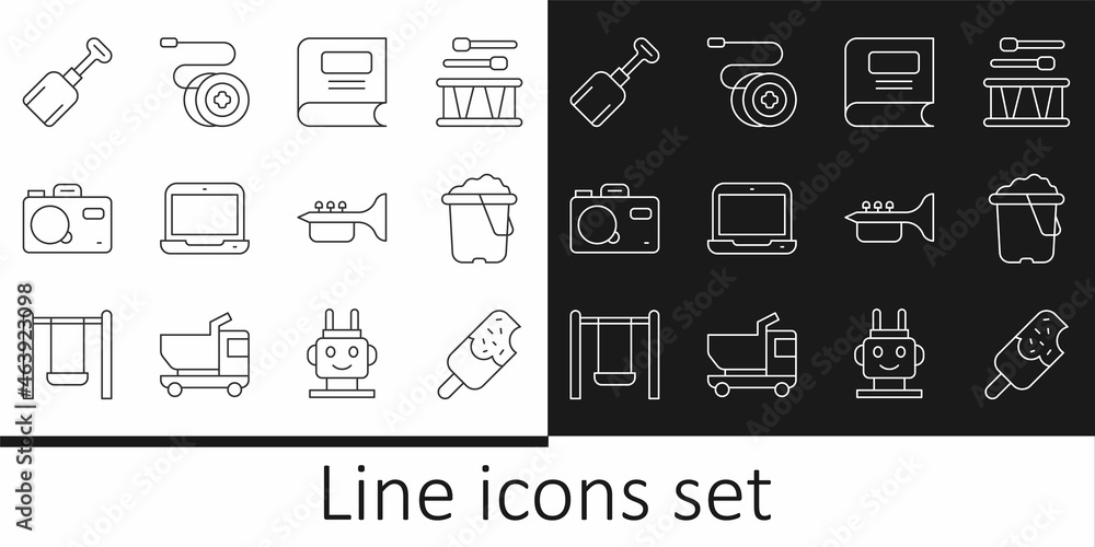 Set line Ice cream, Sand in bucket, Book, Laptop, Photo camera, Shovel toy, Trumpet and Yoyo icon. Vector