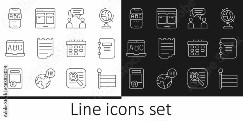 Set line Flag, Notebook, Two sitting men talking, Foreign language online study, School timetable and Online translator icon. Vector