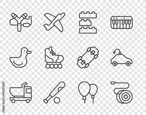 Set line Toy truck, Yoyo toy, building block bricks, Baseball bat with ball, Slingshot, Roller skate, Balloons and Radio controlled car icon. Vector