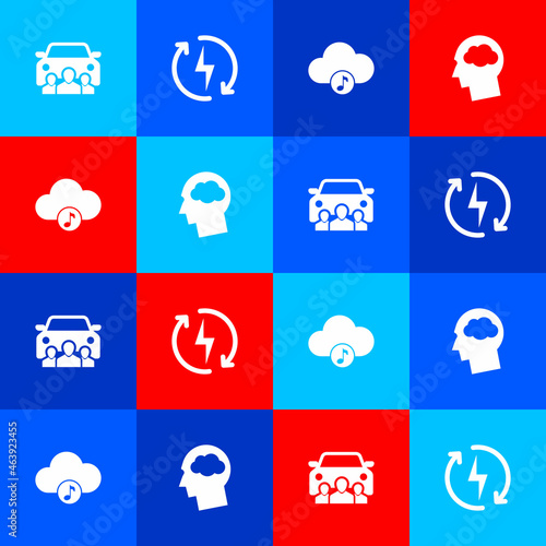 Set Car sharing, Recharging, Music streaming service and Head silhouette with cloud icon. Vector
