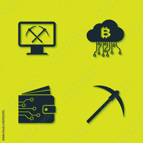 Set Mining with monitor and pickaxe, Pickaxe, Cryptocurrency wallet and cloud mining icon. Vector