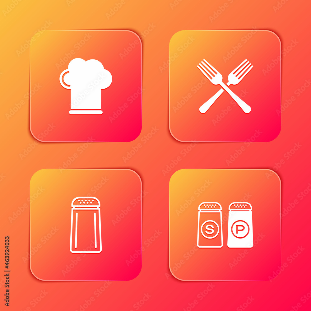 Set Chef hat, Crossed fork, Salt and pepper and icon. Vector Set Chef hat, Crossed fork, Salt and pepper and icon. Vector