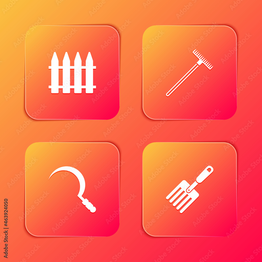 Set Garden fence, rake, Sickle and fork icon. Vector Set Garden fence, rake, Sickle and fork icon. Vector