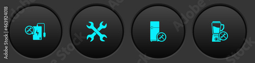 Set Power bank service, Crossed wrenchs, Refrigerator and Blender icon. Vector