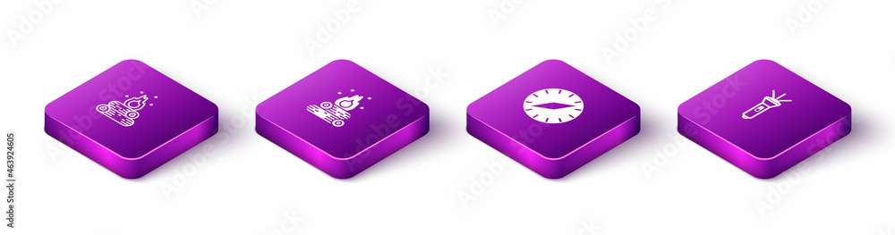 Set Isometric Campfire, , Compass and Flashlight icon. Vector Set Isometric Campfire, , Compass and Flashlight icon. Vector