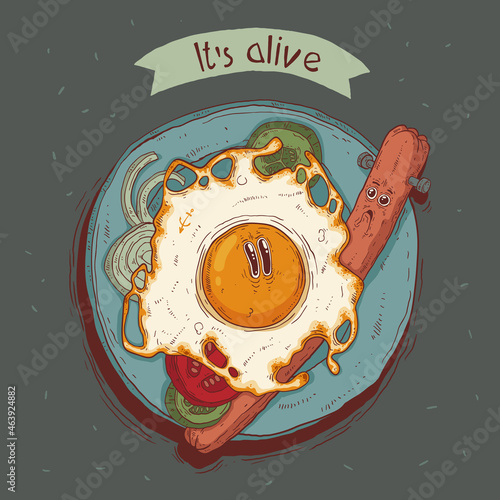 Funny vector illustration of the food that came to life. Alive fried egg and sausage on a plate supported by title text It's alive. Frankenstein monster concept. Halloween cafe poster. T-shirt print