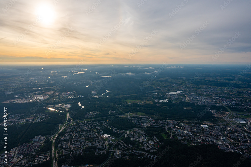 Scenic view on south western part of Vilnius capital of Lithuania from hot air balloon. Cityscape view from the sky