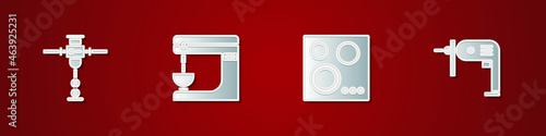 Set Construction jackhammer, Electric mixer, Gas stove and drill machine icon. Vector