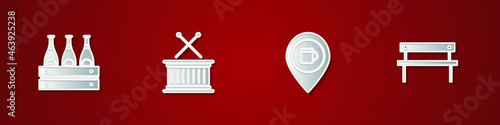 Set Pack of beer bottles, Musical drum and sticks, Alcohol or bar location and Bench icon. Vector