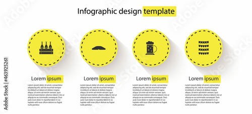 Set Pack of beer bottles, Homemade pie, Wooden mug and Carnival garland with flags. Business infographic template. Vector
