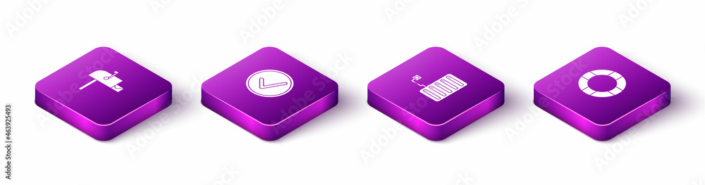 Set Isometric Open mail box, Check mark in circle, Server and Lifebuoy icon. Vector Set Isometric Open mail box, Check mark in circle, Server and Lifebuoy icon. Vector