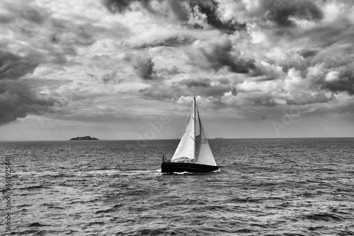 Black-white seascape. Sail to the sea.