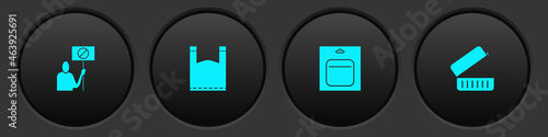 Set Nature saving protest, Plastic bag, Battery pack and Lunch box icon. Vector