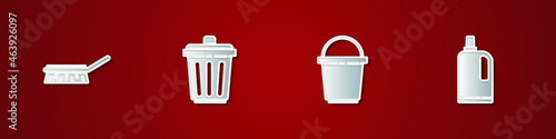Set Brush for cleaning, Trash can, Bucket and Fabric softener icon. Vector