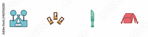 Set Tourist tent, Cartridges, Hunter knife and icon. Vector