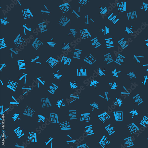 Set Bollywood indian cinema, Aroma lamp, Taj Mahal and Scented spa stick on seamless pattern. Vector