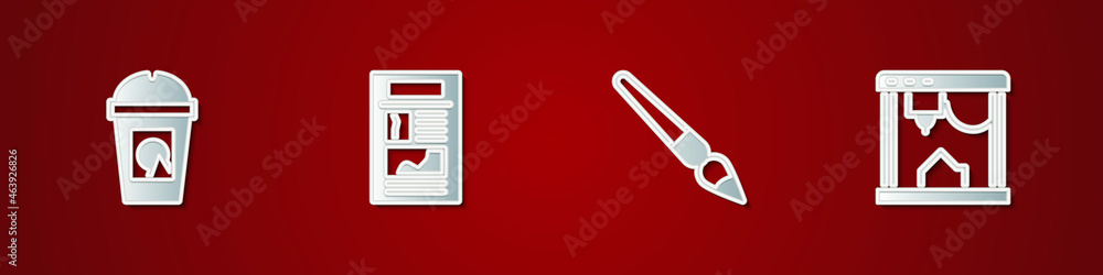 Set Coffee cup to go, News, Paint brush and 3D printer icon. Vector Set Coffee cup to go, News, Paint brush and 3D printer icon. Vector