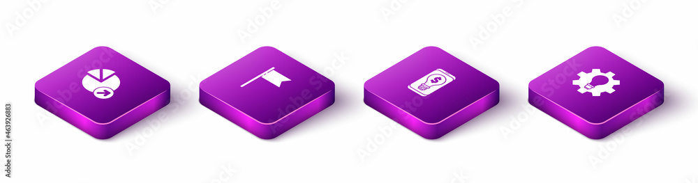 Set Isometric Financial growth, Location marker, Light bulb with dollar mobile and and gear icon. Vector Set Isometric Financial growth, Location marker, Light bulb with dollar mobile and and gear icon. Vector