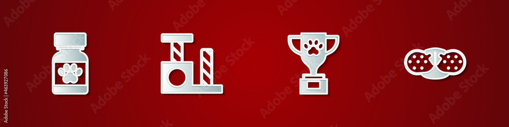 Set Medicine bottle and pills, Cat scratching post, Pet award and nose icon. Vector Set Medicine bottle and pills, Cat scratching post, Pet award and nose icon. Vector