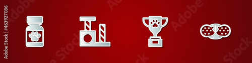 Set Medicine bottle and pills, Cat scratching post, Pet award and nose icon. Vector