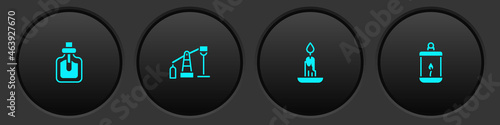 Set Perfume, Oil pump or pump jack, Burning candle and Ramadan Kareem lantern icon. Vector