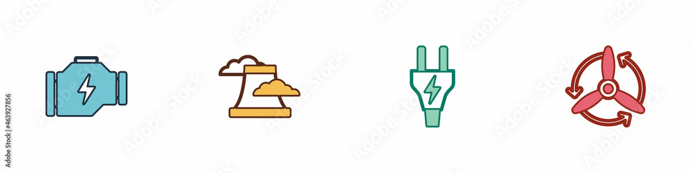 Set Check engine, Nuclear power plant, Electric plug and Wind turbine icon. Vector Set Check engine, Nuclear power plant, Electric plug and Wind turbine icon. Vector