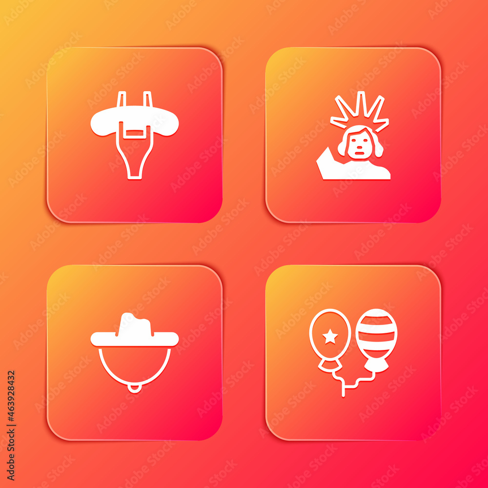 Set Sausage on the fork, Statue of Liberty, Western cowboy hat and Balloons icon. Vector