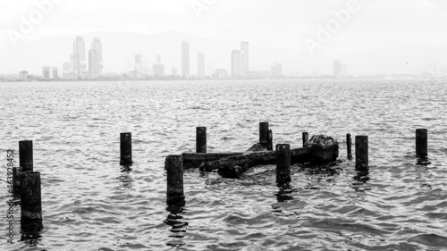 A landscape of Izmir with old pier  black and white photograph. 