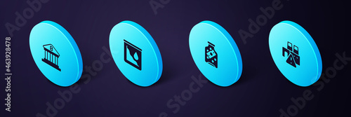 Set Isometric Shutdown of factory, Glass money jar with coin, Drop crude oil price and Bank building icon. Vector