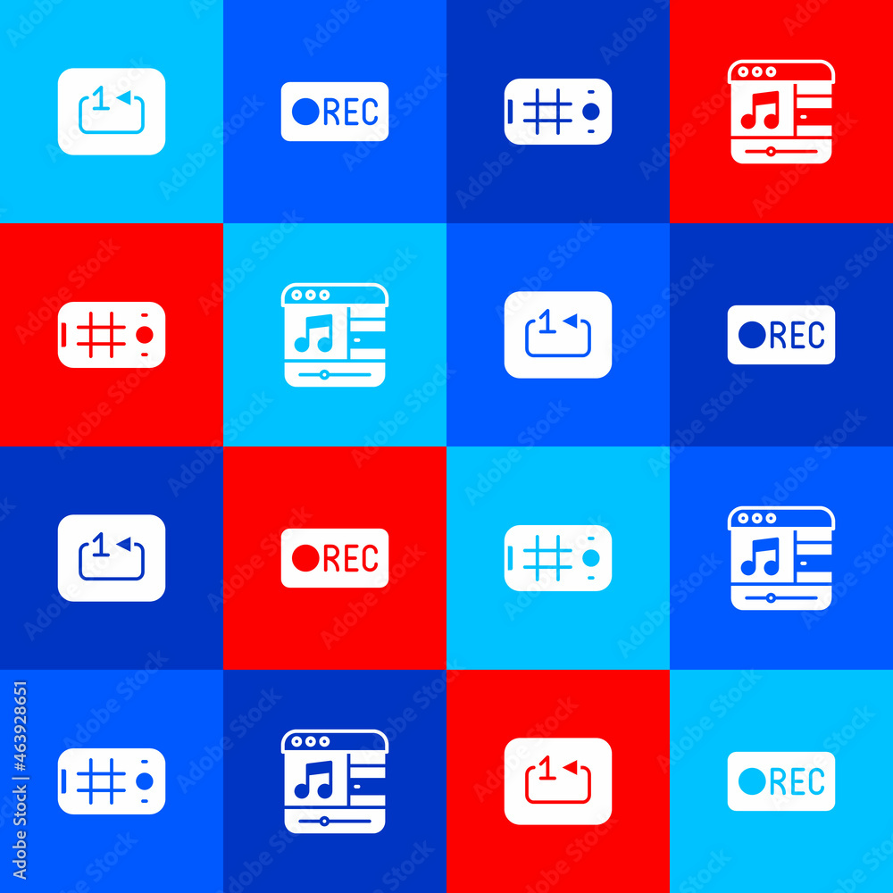 Set Repeat track music player, Record button, Selfie mobile and Music icon. Vector Set Repeat track music player, Record button, Selfie mobile and Music icon. Vector