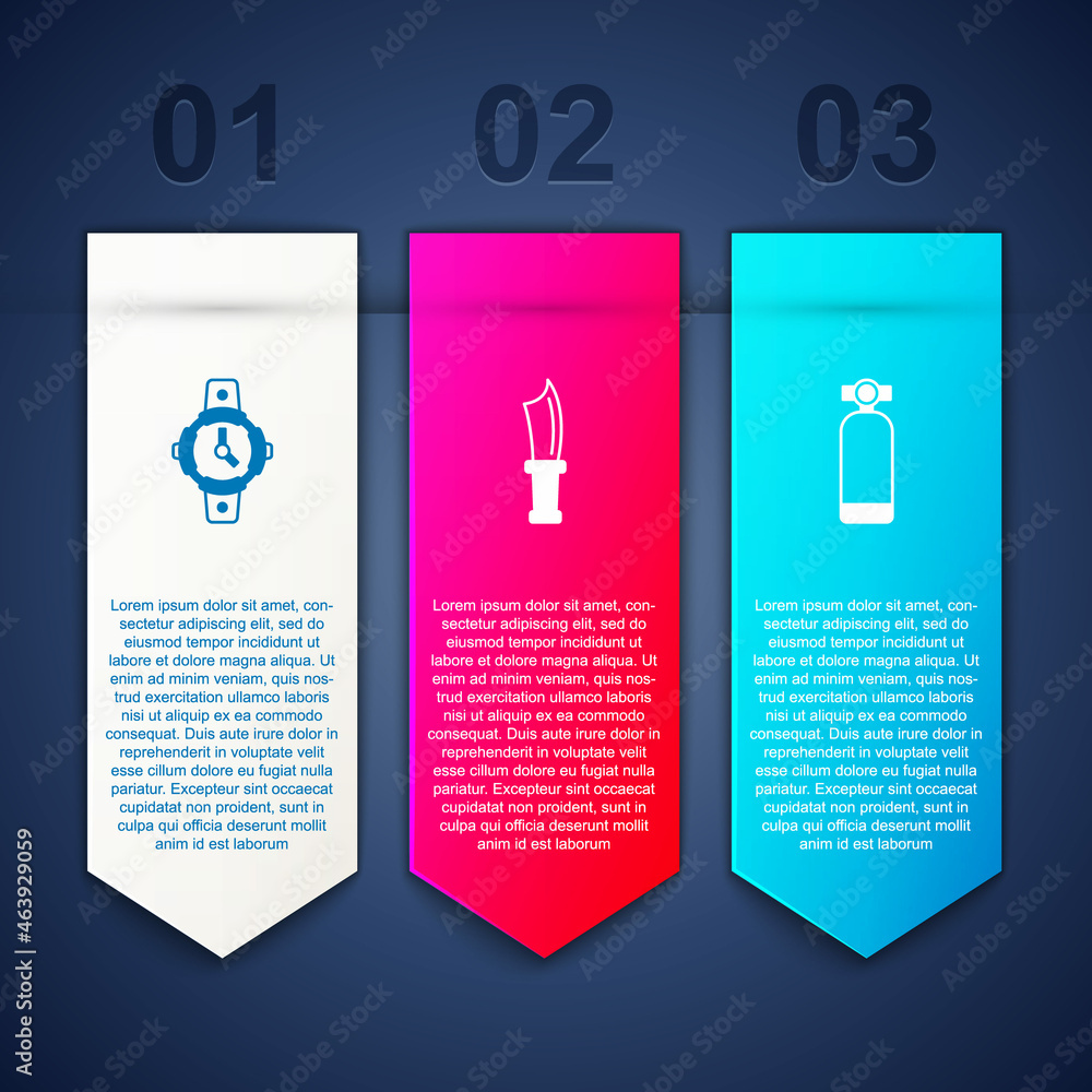 Set Diving watch, knife and Aqualung. Business infographic template. Vector Set Diving watch, knife and Aqualung. Business infographic template. Vector