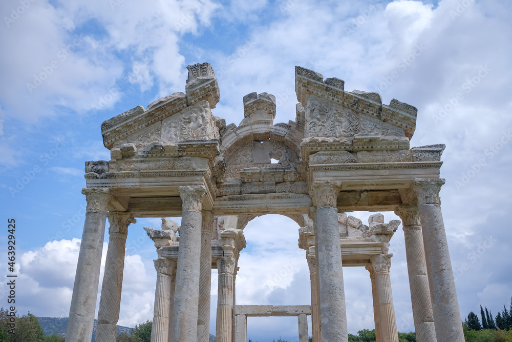 Afrodisias (Aphrodisias) Ancient city in Karacasu - Aydin, Turkey. Tetrapylon Gate of Aphrodisias ancient city. The most famous of cities called Aphrodisias.