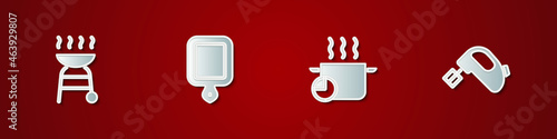 Set Barbecue grill, Cutting board, Cooking pot and Electric mixer icon. Vector