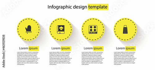 Set Oven glove, Cookbook, Gas stove and Grater. Business infographic template. Vector