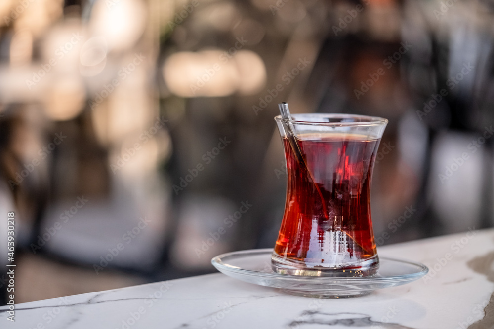 Traditional Turkish Tea on Marble Table.