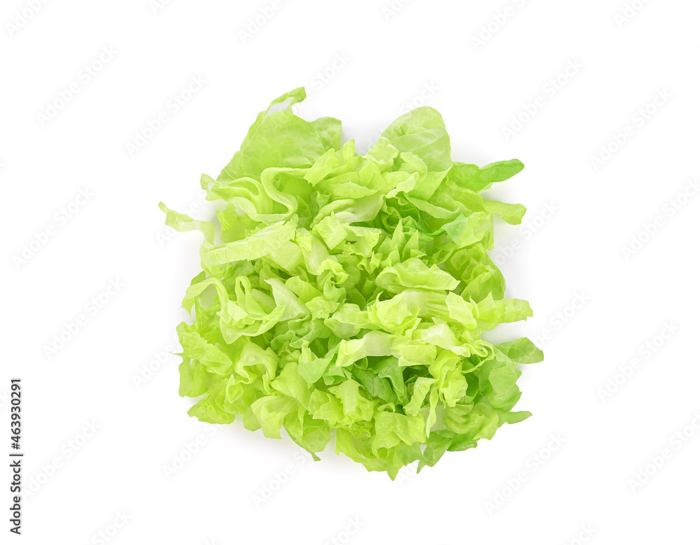 Sliced green lettuce isolated on white background. Top view - obrazy, fototapety, plakaty 