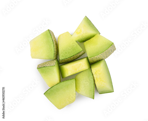 Sliced cantaloupe melon isolated on white background. Top view
